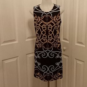 J. McLaughlin Black Dress with Gold & White Scroll Print